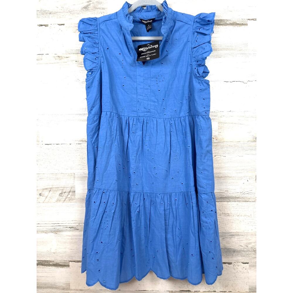 Millenium Blue Eyelet Cotton Mini Dress Womens M Lightweight Ruffle Sleeve NWT